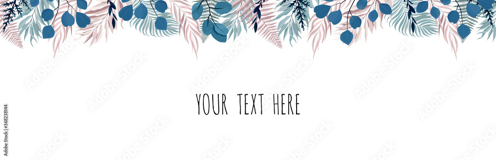 Obraz premium Horisontal botanical vector design banner. Stylized Eucalyptus, succulents, flowers, greenery. Natural spring card or frame.