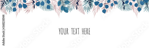 Horisontal botanical vector design banner. Stylized Eucalyptus, succulents, flowers, greenery. Natural spring card or frame.