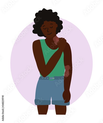 Sad african girl with black dark skin scratches the skin on her neck with her nails. Eczema, allergies, atopic dermatitis, dry skin. Skin problems Redness and itching. Cartoon