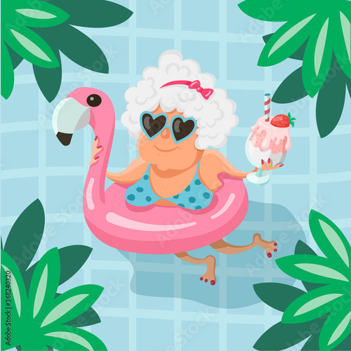 A super cute, fashionable, well-groomed old woman swims in a swimming pool with a strawberry cocktail in a swimming circle in the shape of a flamingo. Vector illustration in cartoon style.