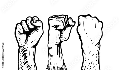 Raised fist illustration. Symbol of victory, strength, power and solidarity.