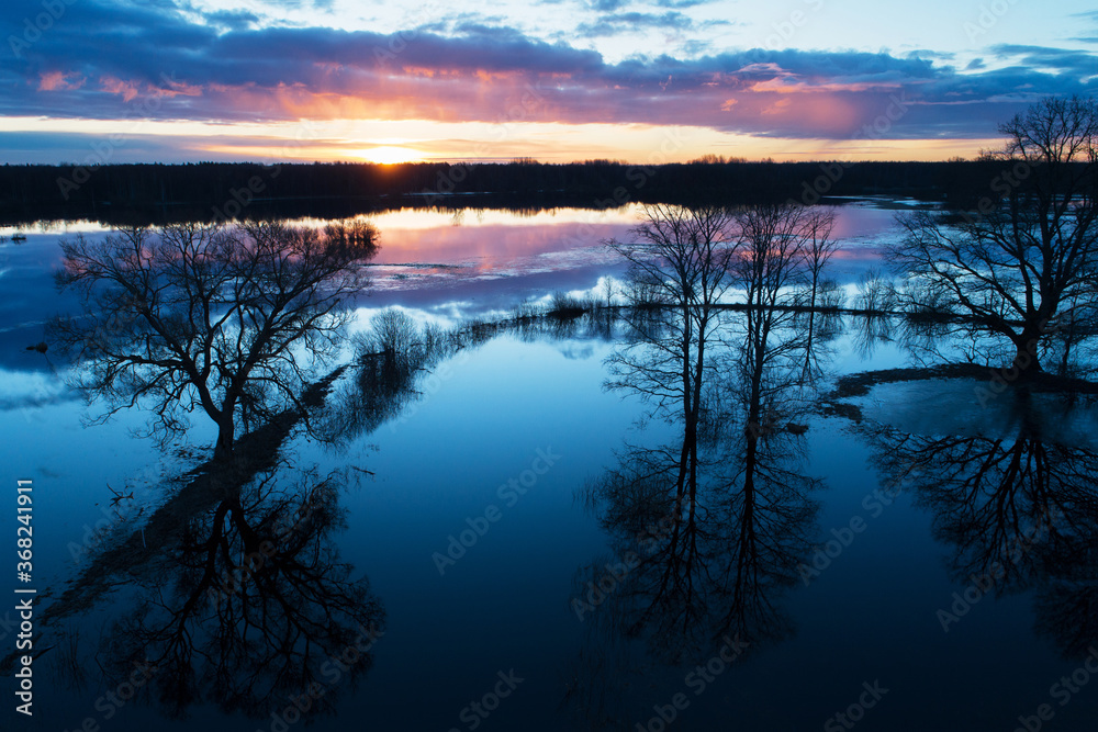 Soomaa National Park during a spring flooding also known as the Fifth season in Estonian nature, Northern Europe. 