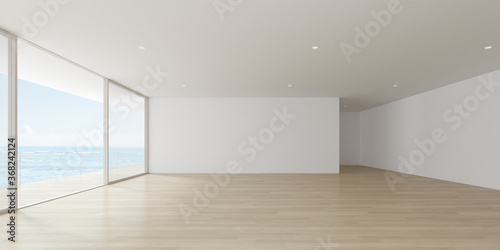 Fototapeta Naklejka Na Ścianę i Meble -  Modern empty room with wooden floor and large window. 3d render.