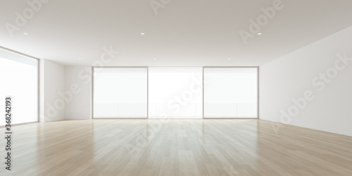 Modern empty room with wooden floor and large window. 3d render.