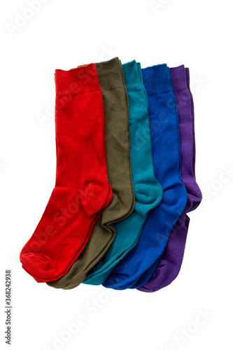 Top view of new colorful socks isolate on white background.