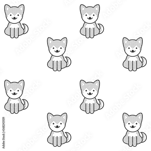 Black and white seamless pattern with a cute shiba inu puppy 