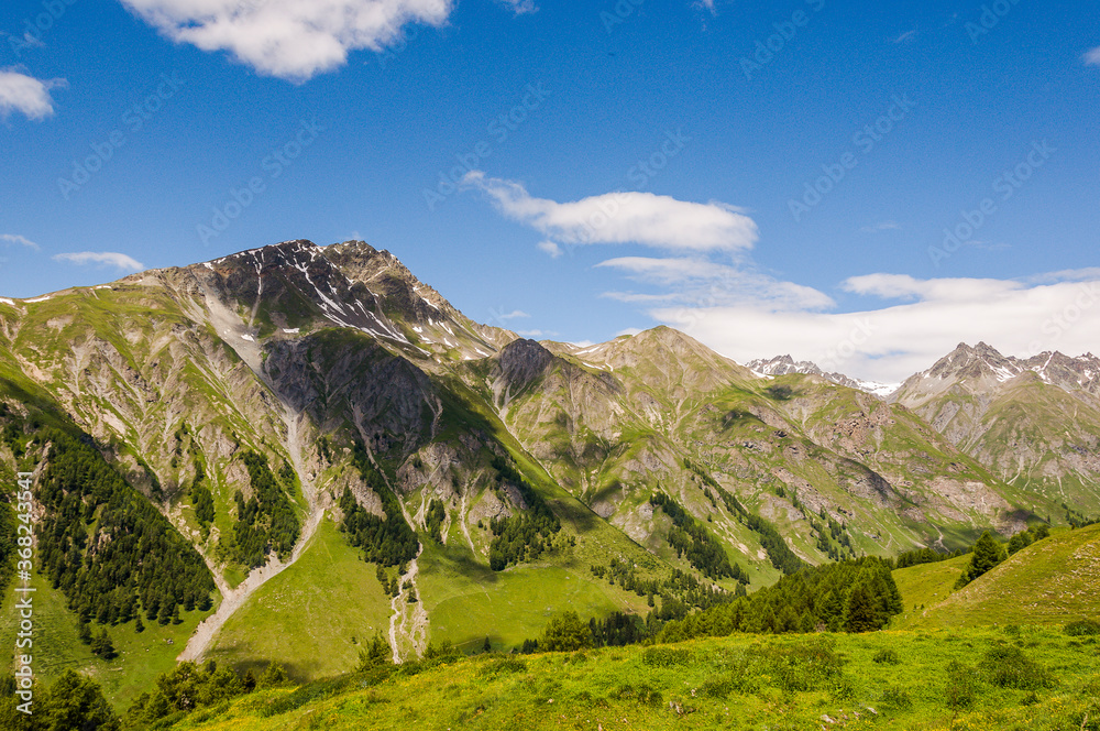 Naklejka premium Ftan, Wanderweg, via Engiadina, Val Tasna, Alp Laret, Bergbauer, Alm, Bergwiesen, Alpen, Unterengadin, Inn, Inntal, Graubünden, Sommer, Schweiz