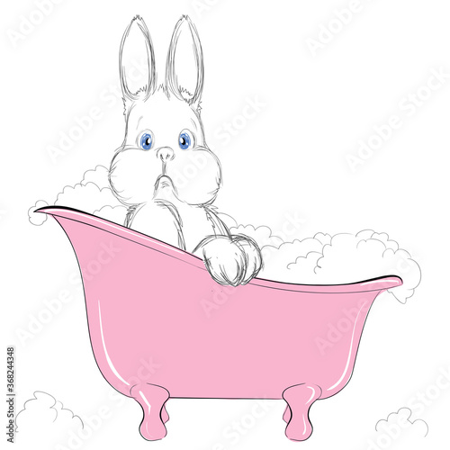 Vector Illustration of a Cute Little Bathing Bunny with Foam. Freehand Drawing of a Small White Rabbit with Blue Eyes. Beautiful and Adorable Fluffy Leveret. Free Hand Draw. Cartoon Kids Style. 