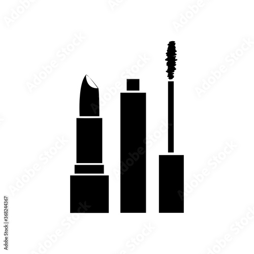 Set of cosmetics in a flat design. Black white silhouette of mascara and lipstick isolated on white background. Cosmetics Icons. Mascara, lipstick flat design. Vector illustration.