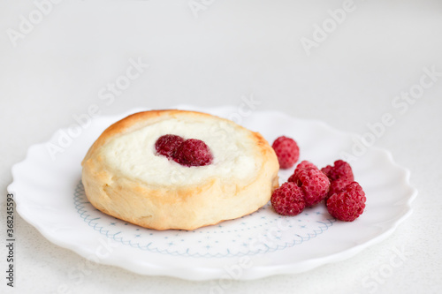 Fresh homemade open patty with cottage cheese of curd and fresh berries with copy space