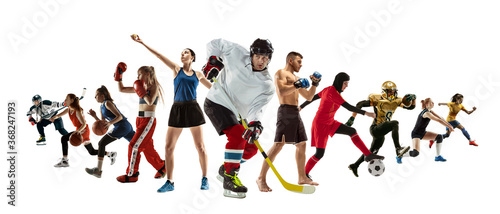 Sport collage of professional athletes or players isolated on white background  flyer. Made of different photos of 11 models. Concept of motion  action  power  target and achievements  healthy  active