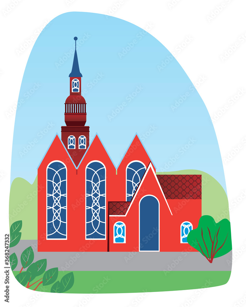 Cathedral or catholic temple as european architecture concept, flat vector stock illustration with old european building