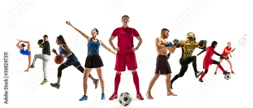 Sport collage of professional athletes or players isolated on white background  flyer. Made of different photos of 9 models. Concept of motion  action  power  target and achievements  healthy  active