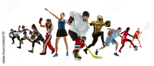 Fototapeta Naklejka Na Ścianę i Meble -  Sport collage of professional athletes or players isolated on white background, flyer. Made of different photos of 10 models. Concept of motion, action, power, target and achievements, healthy, active