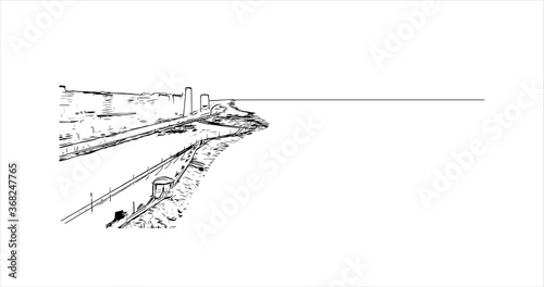 Building view with landmark of Aktau is a city in Kazakhstan, located on the Eastern shore of the Caspian Sea. Hand drawn sketch illustration in vector.