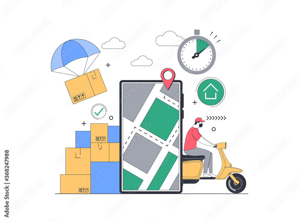 Naklejka premium Online Delivery Service Concept. Mobile tracking app. Online order tracking. Fast Delivery by motorcycle. City logistics. Scooter with courier. Safe delivery. Flat Vector illustration