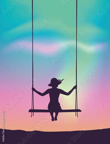 pretty girl on a swing looks to the beautiful polar lights in colorful sky vector illustration EPS10