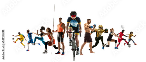 Fototapeta Naklejka Na Ścianę i Meble -  Sport collage of professional athletes or players isolated on white background, flyer. Made of different photos of 11 models. Concept of motion, action, power, target and achievements, healthy, active