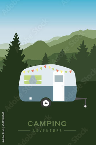 camping adventure at green mountain and forest landscape vector illustration EPS10