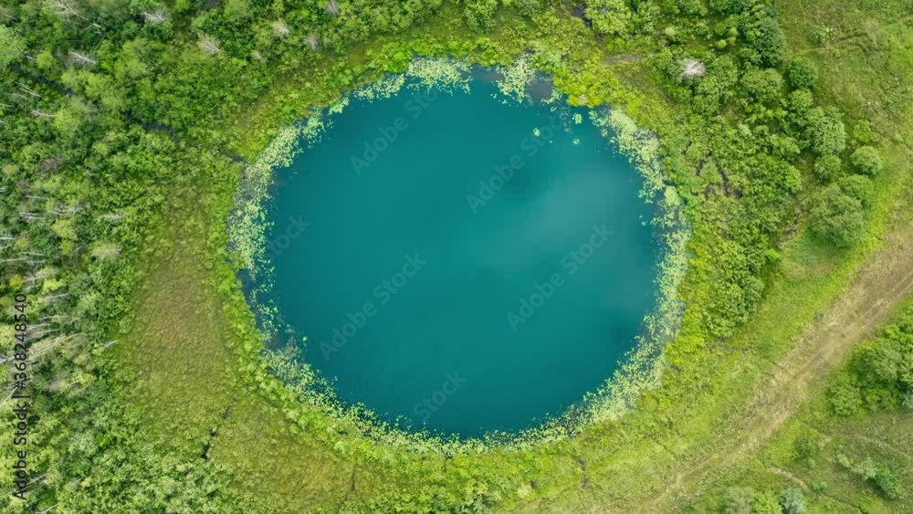 Aerial top down flight over amazing small lake of perfectly round shape. Cloudy sky reflected in clear turquoise water of pond surrounded by trees and plants. Untouched nature from above on summer day
