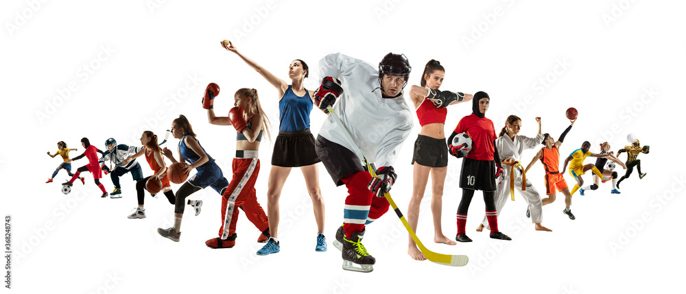 Sport collage of professional athletes or players isolated on white background, flyer. Made of different photos of 14 models. Concept of motion, action, power, target and achievements, healthy, active