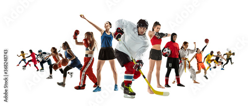 Sport collage of professional athletes or players isolated on white background  flyer. Made of different photos of 14 models. Concept of motion  action  power  target and achievements  healthy  active