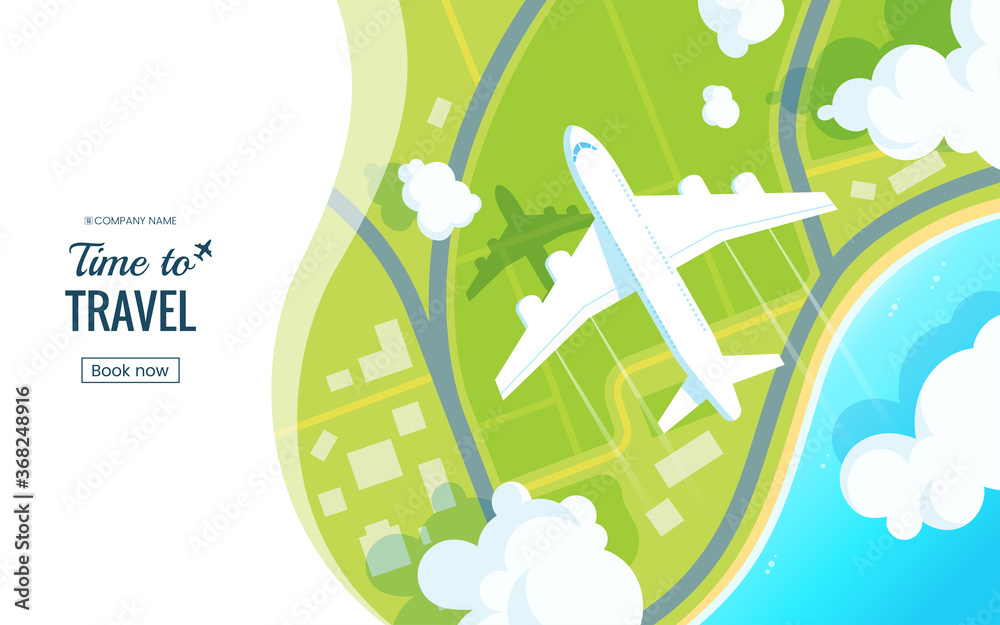 Traveling on airplane vector illustration. Plane flying over the ground in the clouds. View from above. Travel offer banner concept. Aircraft landing. Applicable for voucher, ticket, vacation flyer. - obrazy, fototapety, plakaty 