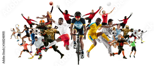 Sport collage of professional athletes or players isolated on white background, flyer. Made of different photos of 17 models. Concept of motion, action, power, target and achievements, healthy, active