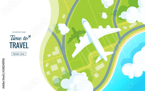 Traveling on airplane vector illustration. Plane flying over the ground in the clouds. View from above. Travel offer banner concept. Aircraft landing. Applicable for voucher, ticket, vacation flyer.