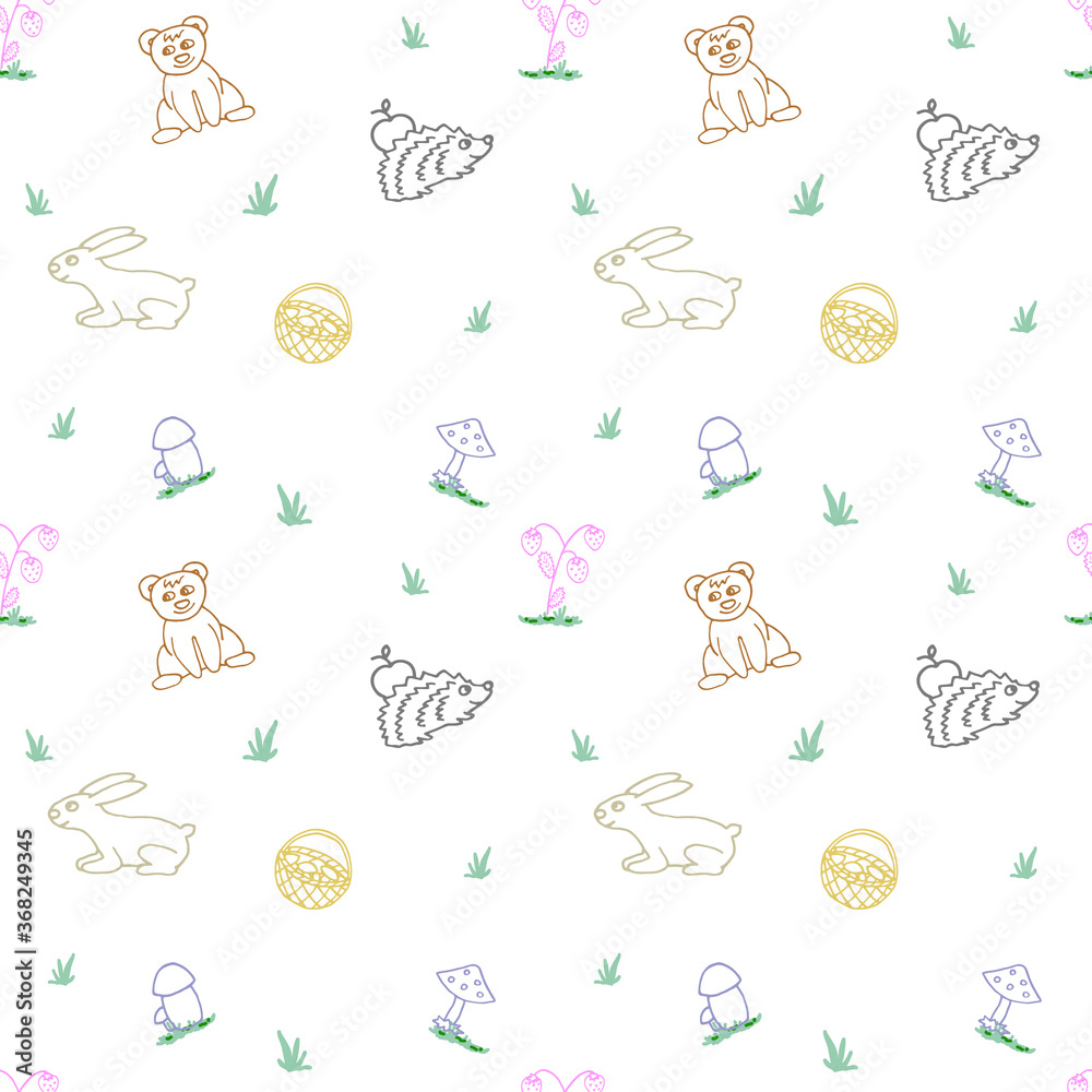 Forest animals and mushrooms cartoon style seamless vector pattern