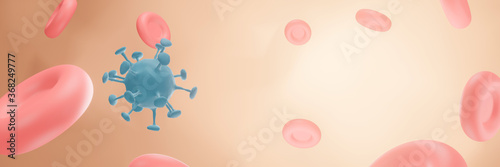 Coronavirus COVID-19 cell under the microscope. Pandemic medical health risk concept with disease cell. 3d render illustration. panoramic web banner with copy space.