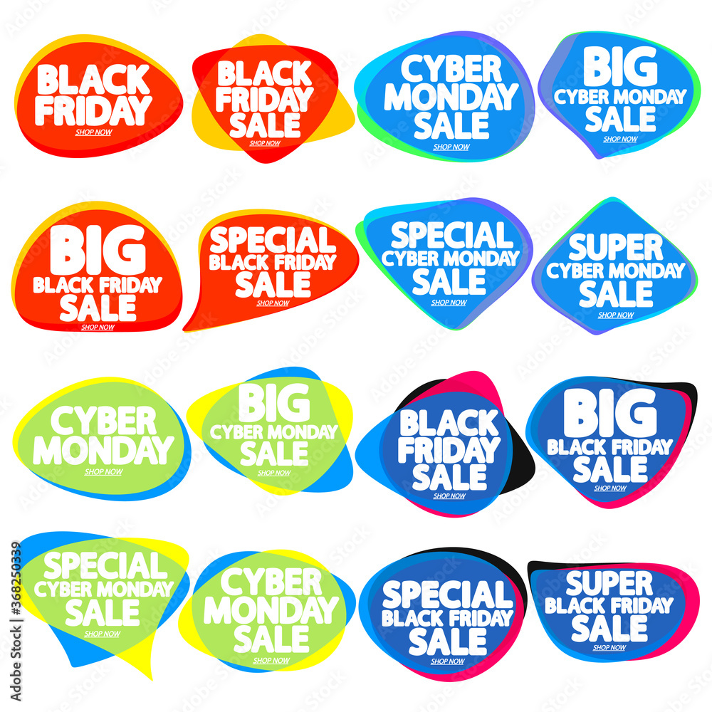 Set Black Friday Sales and Cyber Monday discount bubble banners design template, collection deal tags, app icons, vector illustration