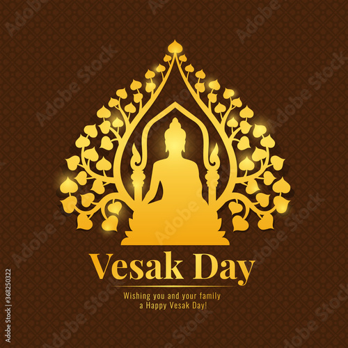 Vesak day banner with gold Buddha Meditate under bodhi tree Sign on flower brown pattern background vector design