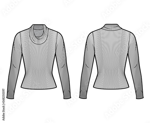 Ribbed cowl turtleneck knit sweater technical fashion illustration with long sleeves, close-fitting shape. Flat sweater apparel template front, back grey color. Women, men, unisex shirt top CAD mockup