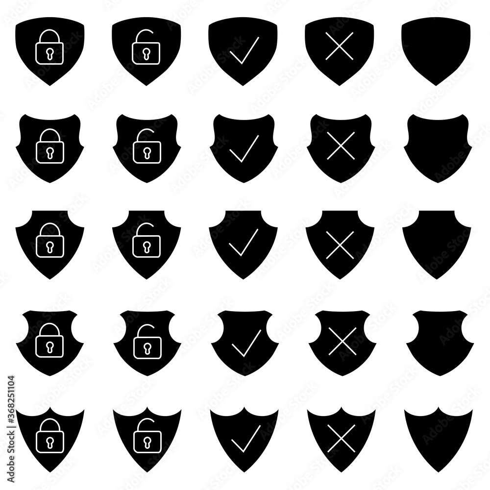 Collection of shield with open and close lock inside. Set of shield in different form in glyph style. 144x144 pixel perfect. Protection icons isolated on white background. Safety symbol