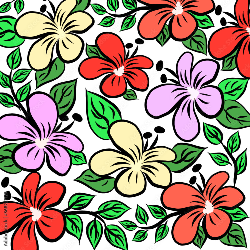 Hand drawn,beautiful flowers and green leaves on over white background.Flora pattern,spring time,creative with illustration in flat design.