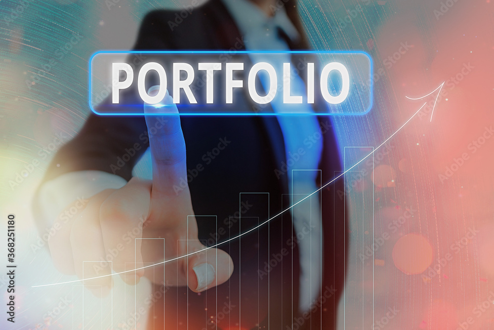 Text sign showing Portfolio. Business photo showcasing securities held by an investor, paper held by a financial house Arrow symbol going upward denoting points showing significant achievement