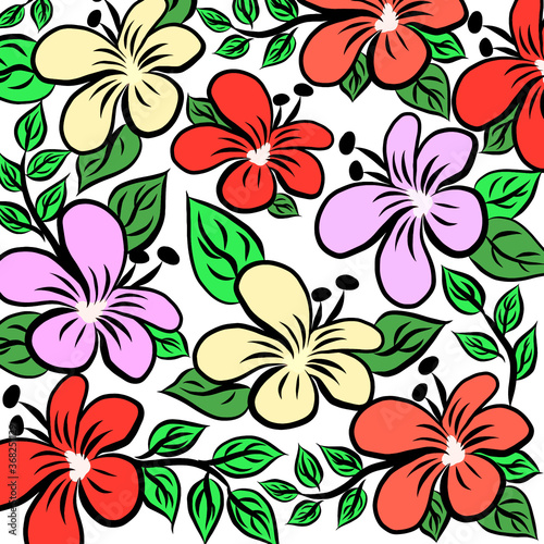 Hand drawn,beautiful flowers and green leaves on over white background.Flora pattern,spring time,creative with illustration in flat design.