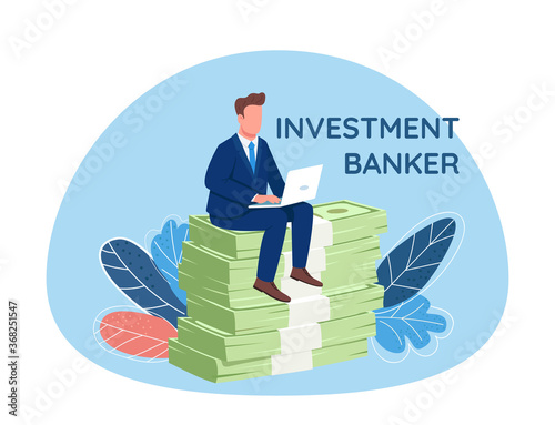 Investor sitting on pile of money 2D vector web banner, poster