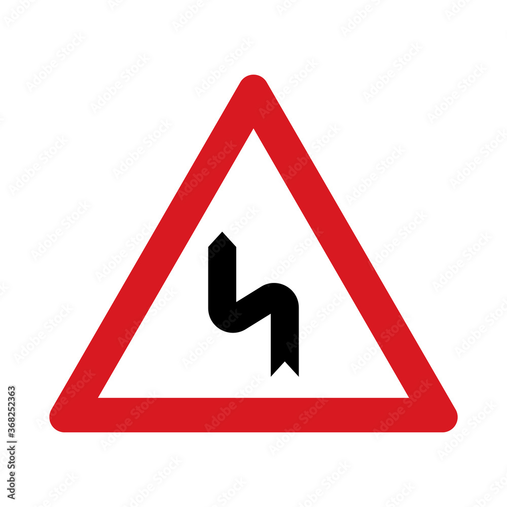 Traffic sign warning for a double curve, first left then right. Traffic sign isolated on white background. Vector illustration. Traffic sign warning for a double curve, first left then right. Traffic sign isolated on white background. Vector illustration.