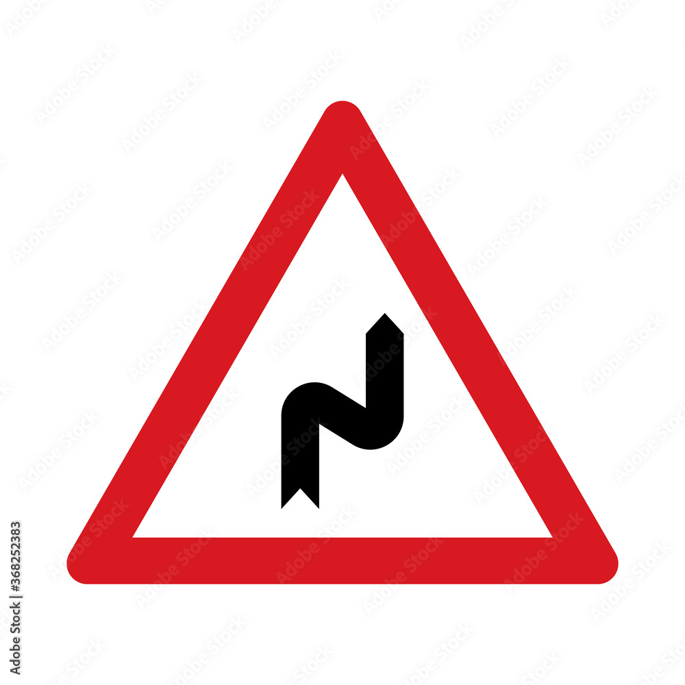 Traffic sign warning for a double curve, first right then left. Traffic sign isolated on white background. Vector illustration. Traffic sign warning for a double curve, first right then left. Traffic sign isolated on white background. Vector illustration.