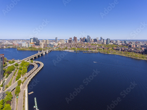Aerial view of Cambridge on the left and Boston on the right connected by Longfellow Bridge from Charles River, Cambridge, Massachusetts MA, USA.  © Wangkun Jia