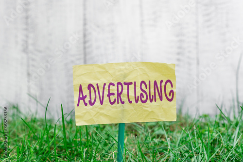 Handwriting text writing Advertising. Conceptual photo action of calling attention of the public by paid announcements Plain empty paper attached to a stick and placed in the green grassy land photo