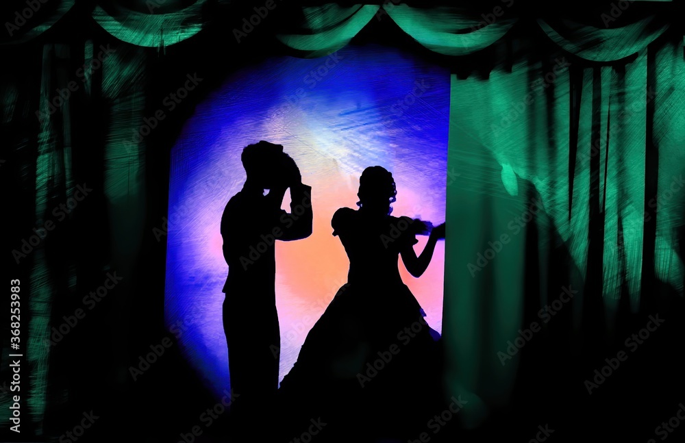 
People in medieval costumes in the theater of shadows on the stage with colored curtains. The theme of the love triangle