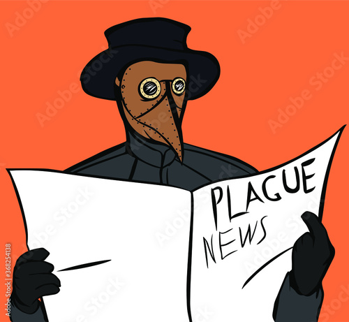 Hand drawn vector illustration of a plague doctor with a mask and hat reading a newspaper.