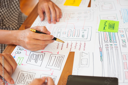 UX, UI Designers draw website layouts and mobile applications.
