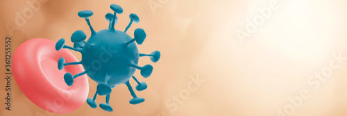Coronavirus COVID-19 cell under the microscope. Pandemic medical health risk concept with disease cell. 3d render illustration. panoramic web banner with copy space.