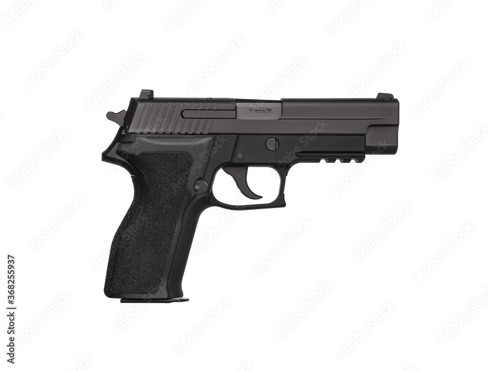 Modern semi-automatic pistol isolate on a white background. Armament for the army and police. Short-barreled weapon