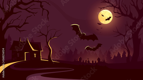 Halloween background with house and flying bats. Scary night scene.