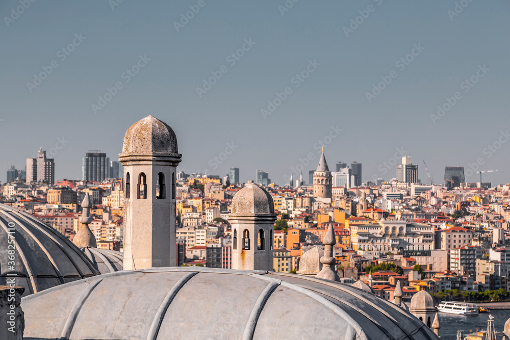 Panoramic cityscape of Istanbul from Suleymaniye Mosque overlooking the Golden Horn or Halic